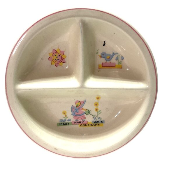 ATQ CHILDS PLATE CIRCA 1920s WARMING DISH NURSERY RHYME PORCELAIN DIVIDED - Picture 1 of 5
